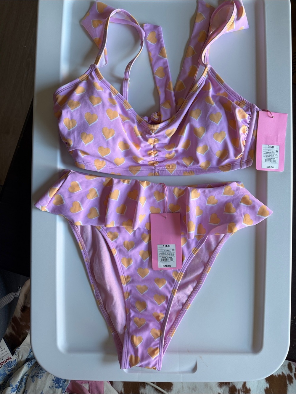 Stoney Clover Lane Pink Bikini Set with Yellow Heart Print and Ruffle Waist